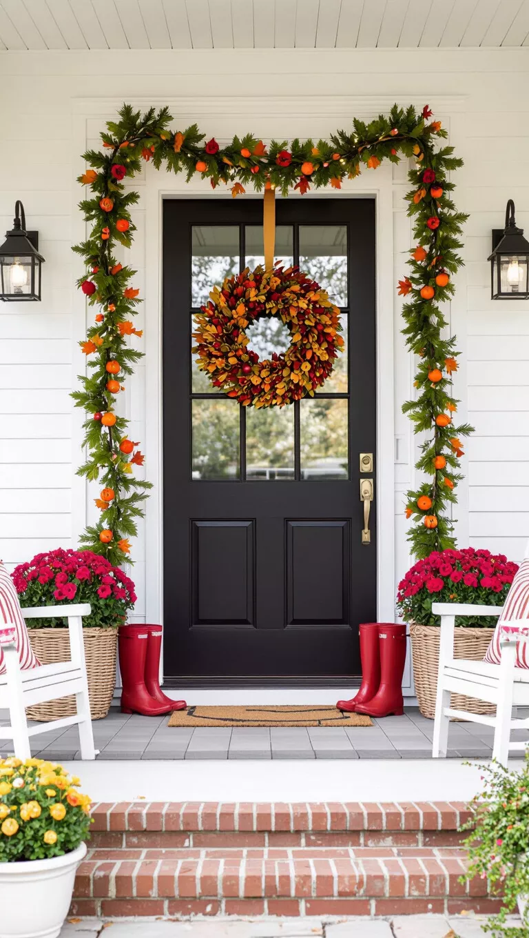 A photo of a welcoming front door with a fall wreath and garland, flanked by baskets, red boots, and white pots, with white outdoor furniture in the foreground.