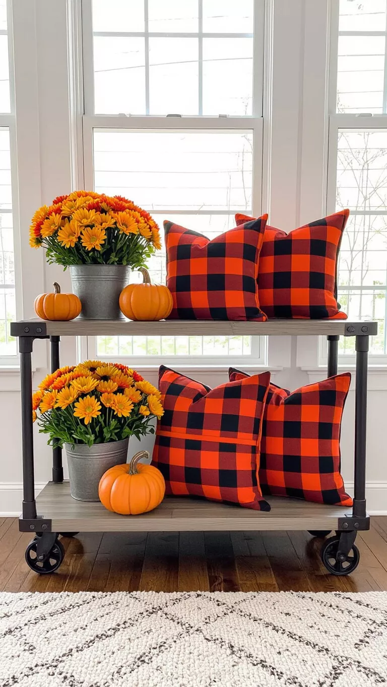 A photo of an industrial-style console table on wheels with vibrant orange flowers, plaid pumpkins, and buffalo check pillows.