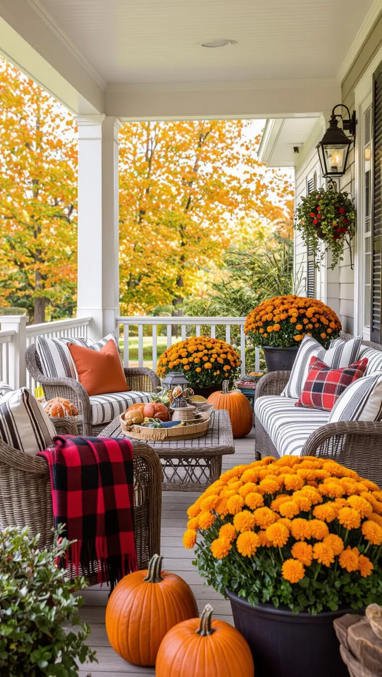 A photo of a spacious porch featuring striped outdoor furniture with plaid throws, surrounded by pumpkins, gourds, and a large pot of orange mums, offering a cozy autumn outdoor living space.