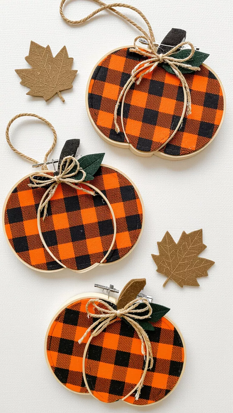A photo of three decorative pumpkin shapes made from embroidery hoops and plaid fabrics in orange and black and white, with felt leaves and twine ties.
