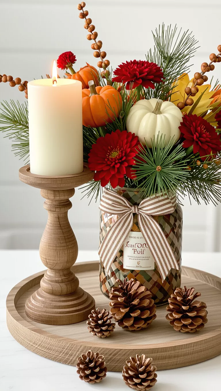 A photo of a cozy fall arrangement with a tall white candle on a wooden holder, a bottle with a striped ribbon, and scattered pinecones.