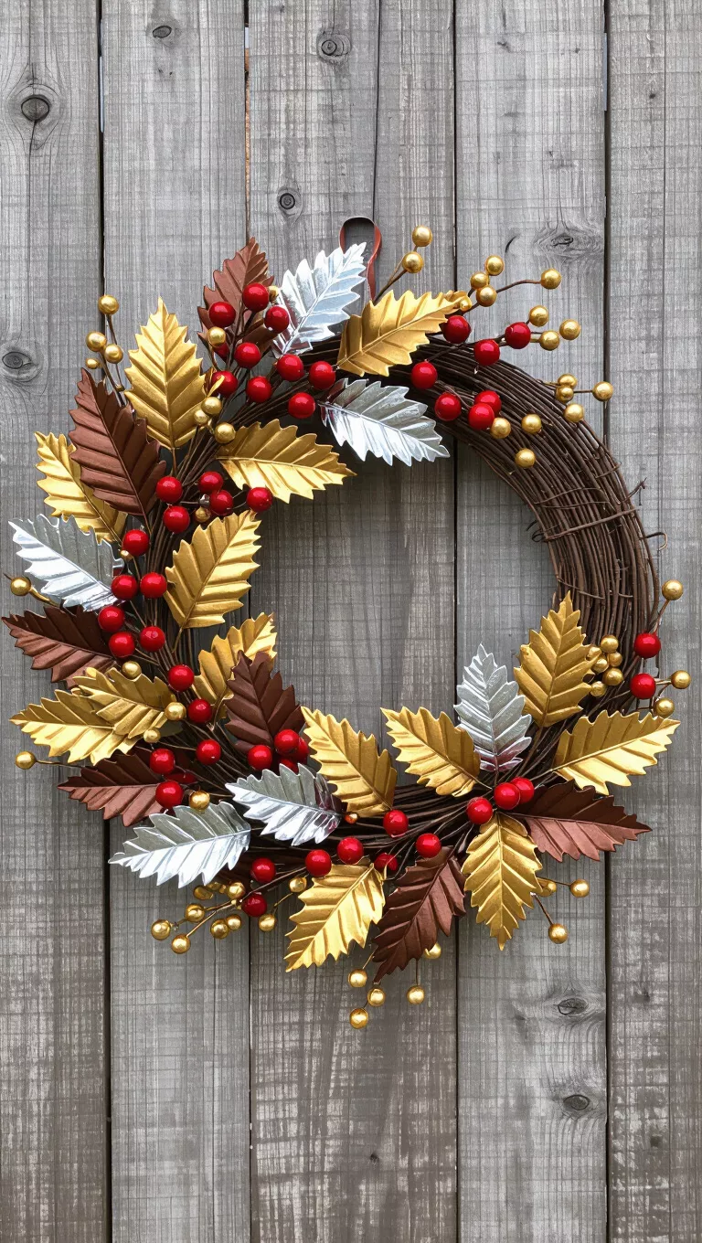 A photo of a modern fall wreath featuring metallic gold, bronze, and silver painted leaves accented with golden berry clusters, on a rustic wood background.