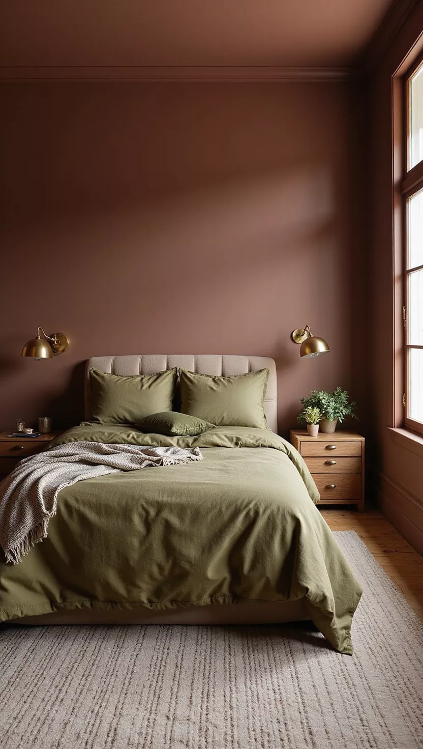 Earthy Browns and Greens A photo of a bedroom, a cozy bedroom with rich brown walls, a bed with olive green bedding, a textured rug, and modern brass light fixtures.