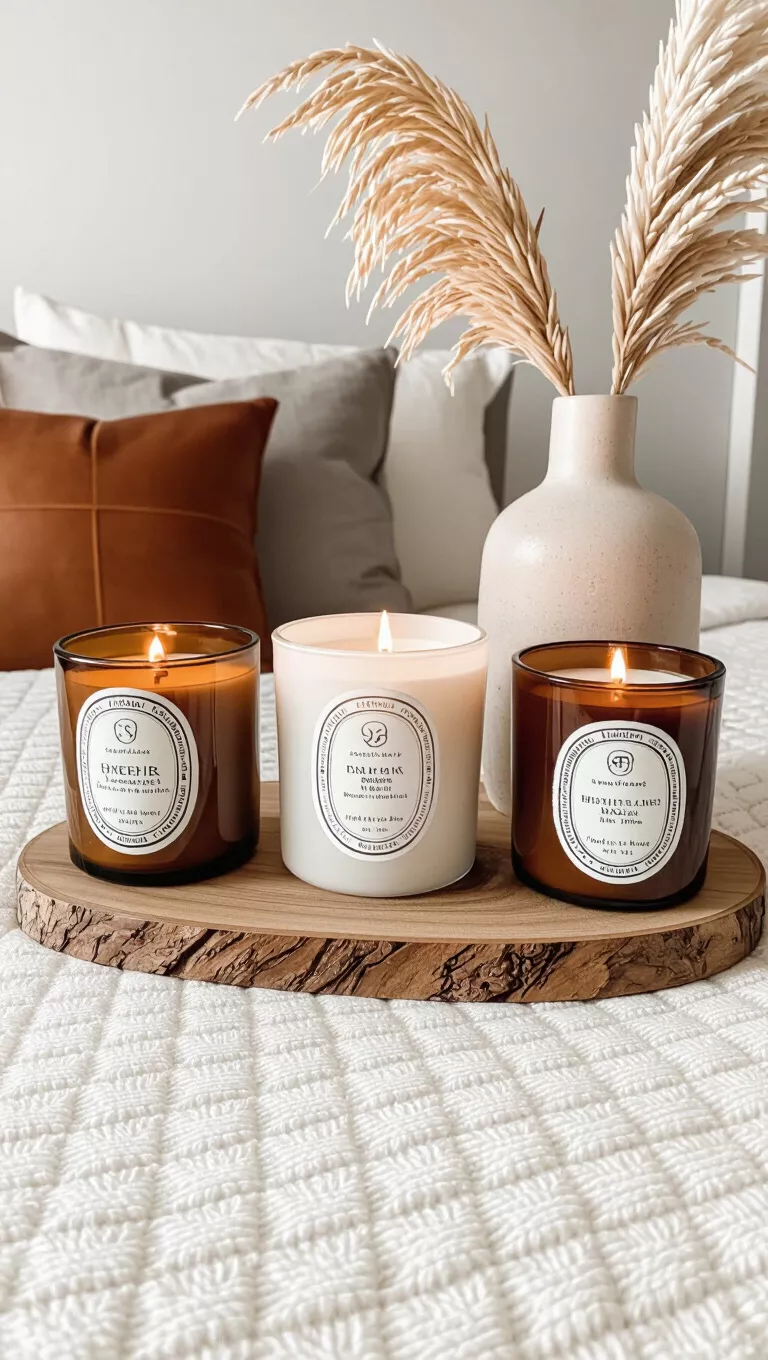 Candlelit Ambiance A photo of a bedroom, a stylish arrangement of various sized candles in earthy tones with ornate labels on a wooden surface beside a vase.
