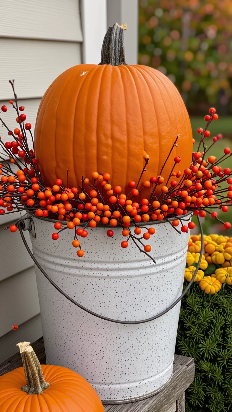 A photo of a large orange pumpkin sitting atop an antique white metal olive bucket filled with branches and orange berries, serving as a charming outdoor fall display.