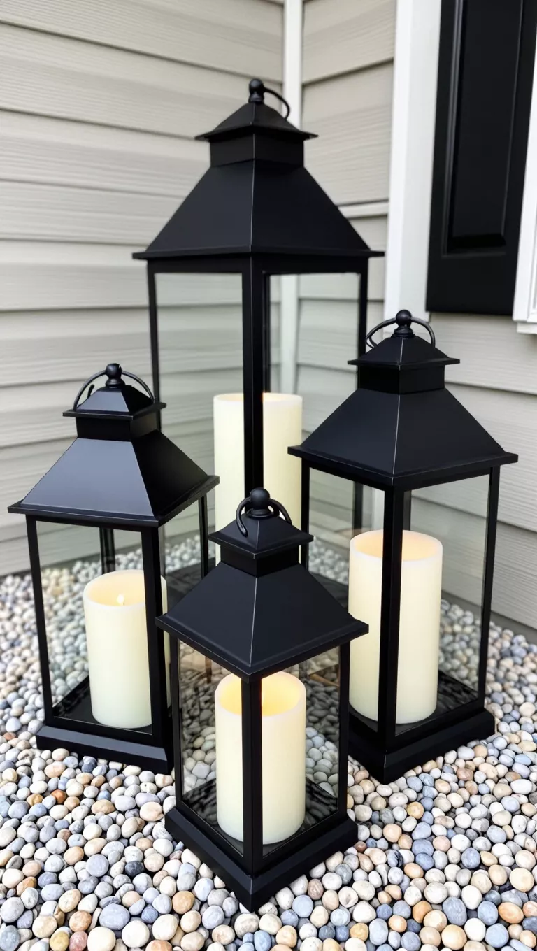 A photo of a front porch with three black metal lanterns of varying sizes, containing white pillar candles, displayed outdoors on a gravel ground.