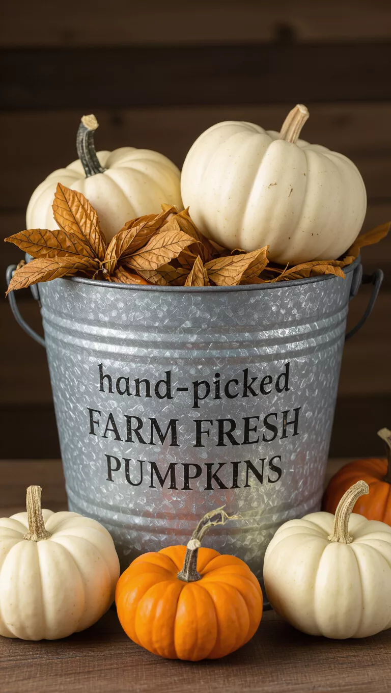 A photo of a galvanized bucket labeled 'hand-picked FARM FRESH PUMPKINS' holds two white pumpkins and dried husks, flanked by smaller white pumpkins.