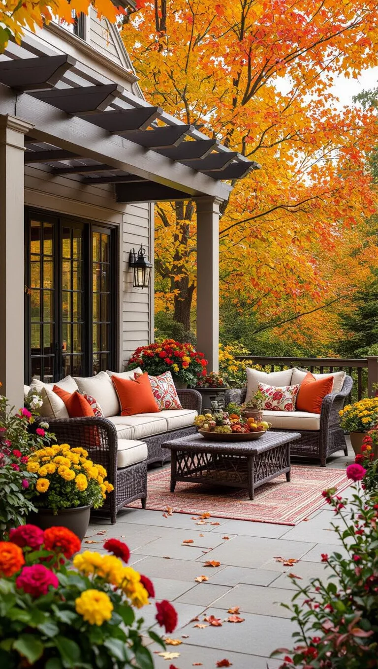 Pergola Paradise for Autumn A photo of a spacious outdoor patio with a pergola, adorned with fall flowers, colorful cushions, and decorative elements, set against a backdrop of autumn trees.