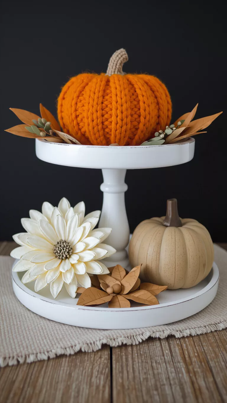 A photo of a white tiered tray holds a textured orange knitted pumpkin and a wooden pumpkin along with two distressed white floral decorations and dried leaves.
