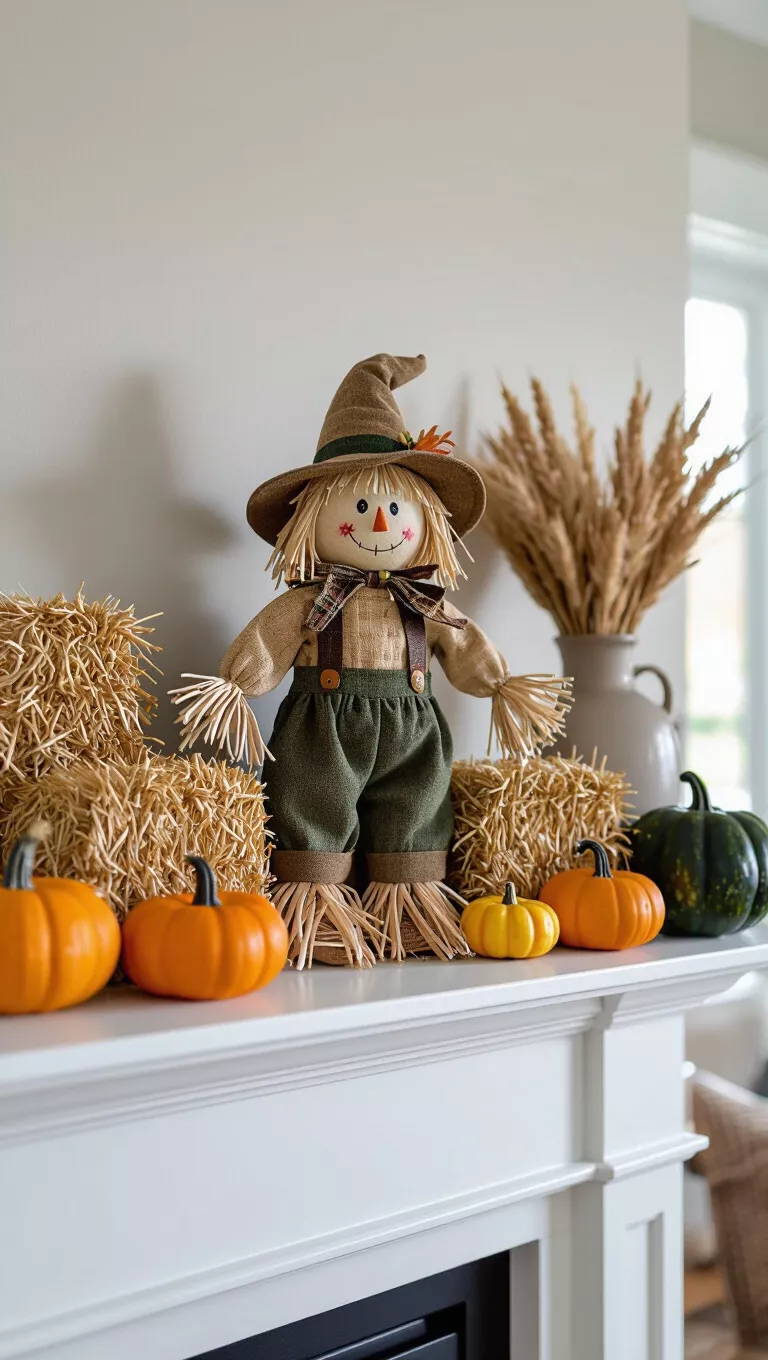 Subtle Scarecrow Elements A photo of a living room with a small, tastefully designed scarecrow figurine on a mantelpiece, surrounded by miniature hay bales and tiny gourds.