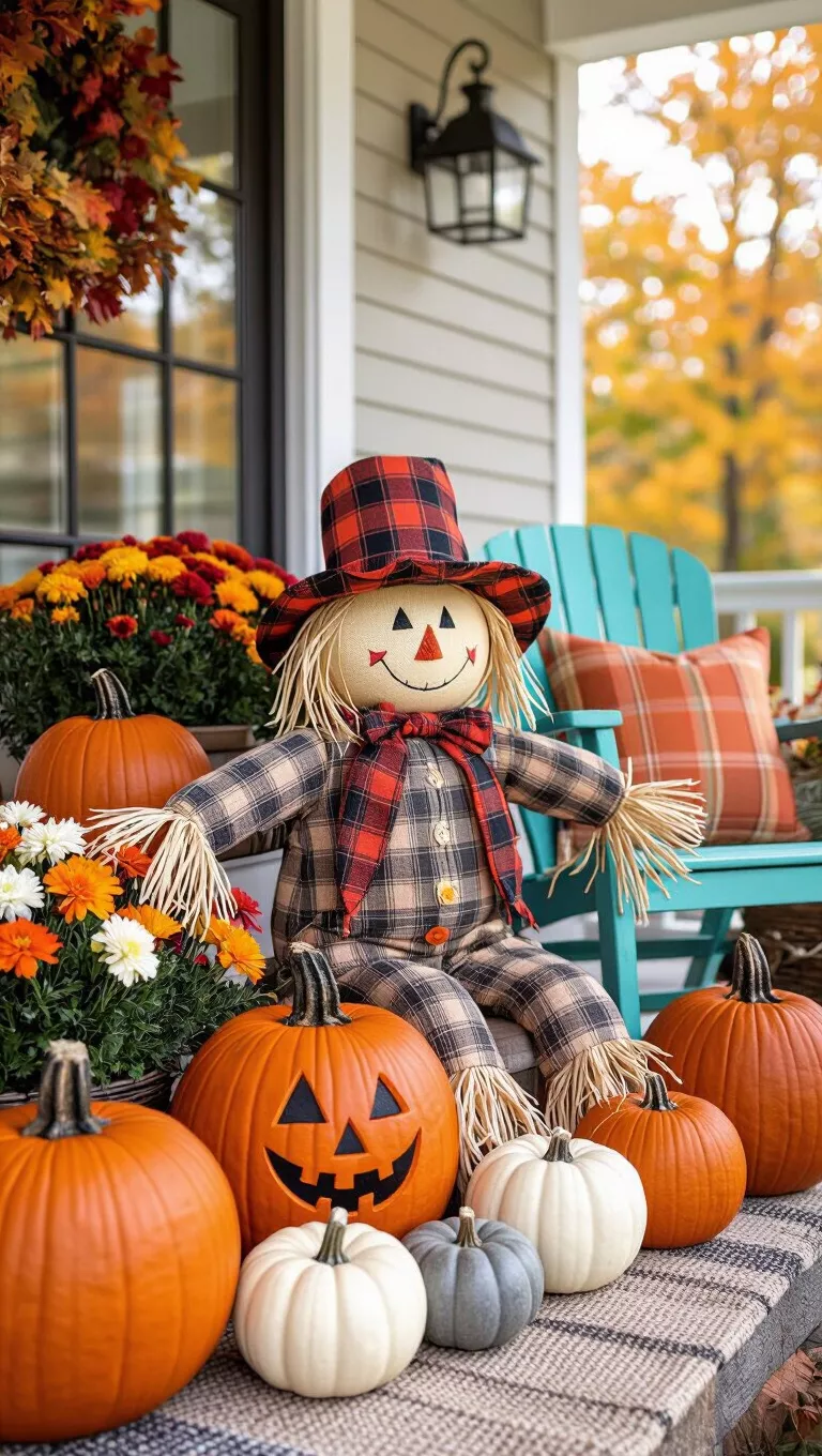 A photo of a charming fall porch display features a pumpkin scarecrow with a plaid hat, surrounded by various orange, white, and grey pumpkins and a teal chair.