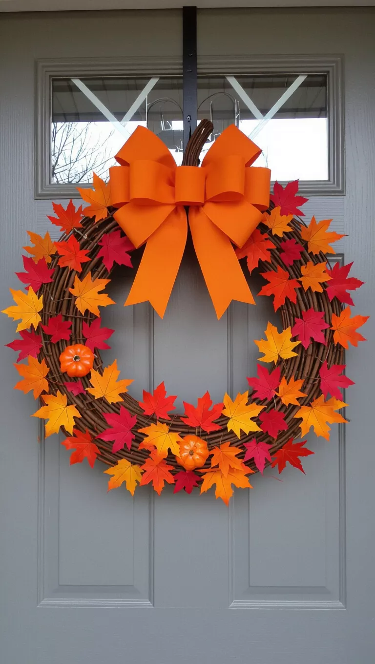 A photo of a front porch with a decorative fall wreath, shaped like a pumpkin, made of interwoven branches and bright autumn leaves, highlighted by a large orange bow.