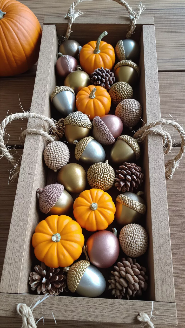 A photo of a wooden trough contains numerous decorative acorns and small pumpkins, with some acorns painted metallic and wrapped in twine for texture.