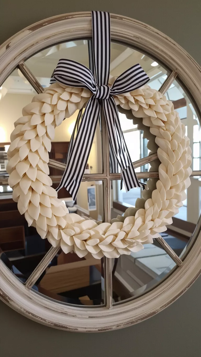 A photo of a round, antique mirror with a delicate, cream-colored wreath adorned with a black and white striped ribbon.