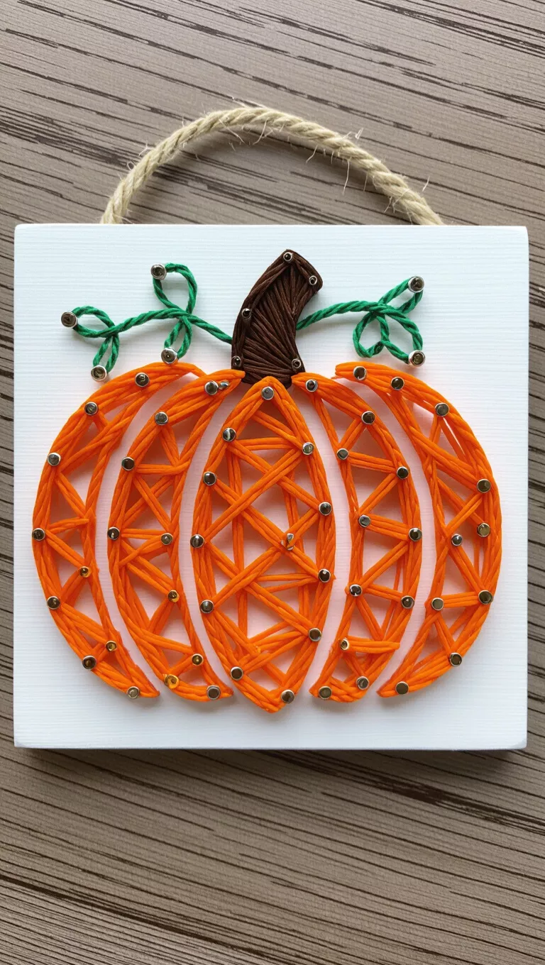 A photo of a small white wooden plaque features a pumpkin-shaped string art design in orange with a brown stem, complete with small nails outlining the shape.