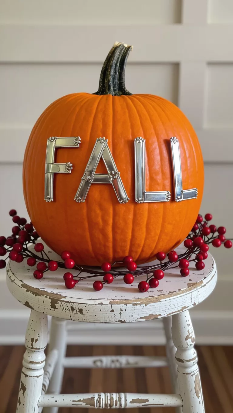 Silverware 'FALL' Pumpkin A photo of a large orange pumpkin, decorated with 'FALL' spelled out in silverware, resting on a distressed wooden stool, encircled by berry branches.