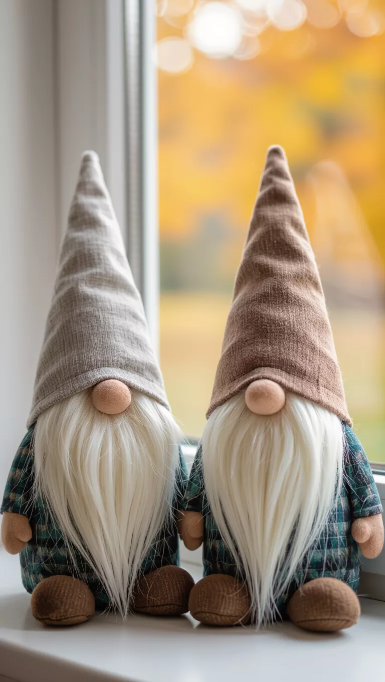 A photo of two decorative gnome figures, with conical fabric hats and long white beards, sitting on a windowsill against an autumnal background.