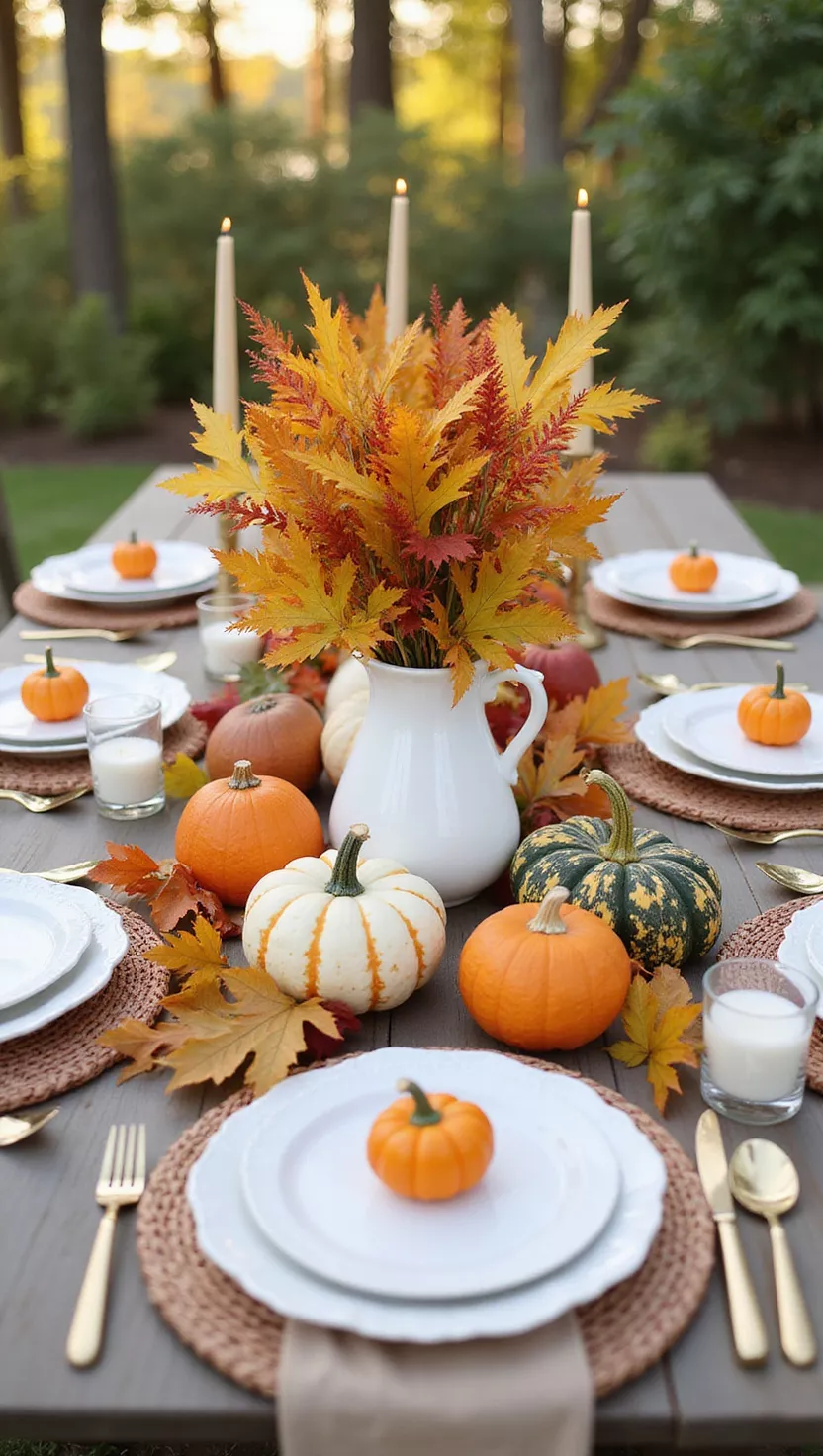 A photo of an outdoor dining table set with an autumnal theme, featuring fall leaves in a vase, decorative pumpkins, and candles.