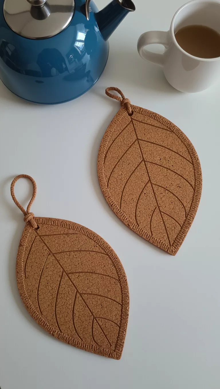 A photo of two leaf-shaped cork trivets with a textured border lie on a white surface next to a blue kettle and a white mug.
