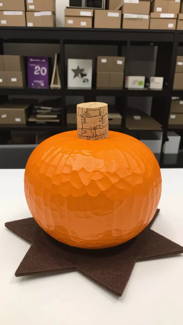 A photo of an orange decorative pumpkin crafted from a papier-mâché or similar material, with a cork-like stem and a brown star-shaped felt base.