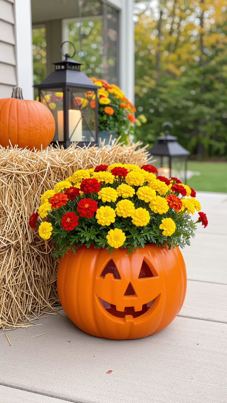 Pumpkin Planter Perfection A photo of an orange pumpkin-shaped planter filled with yellow and orange marigolds and other fall flowers sitting on a patio with a hay bale and lanterns.