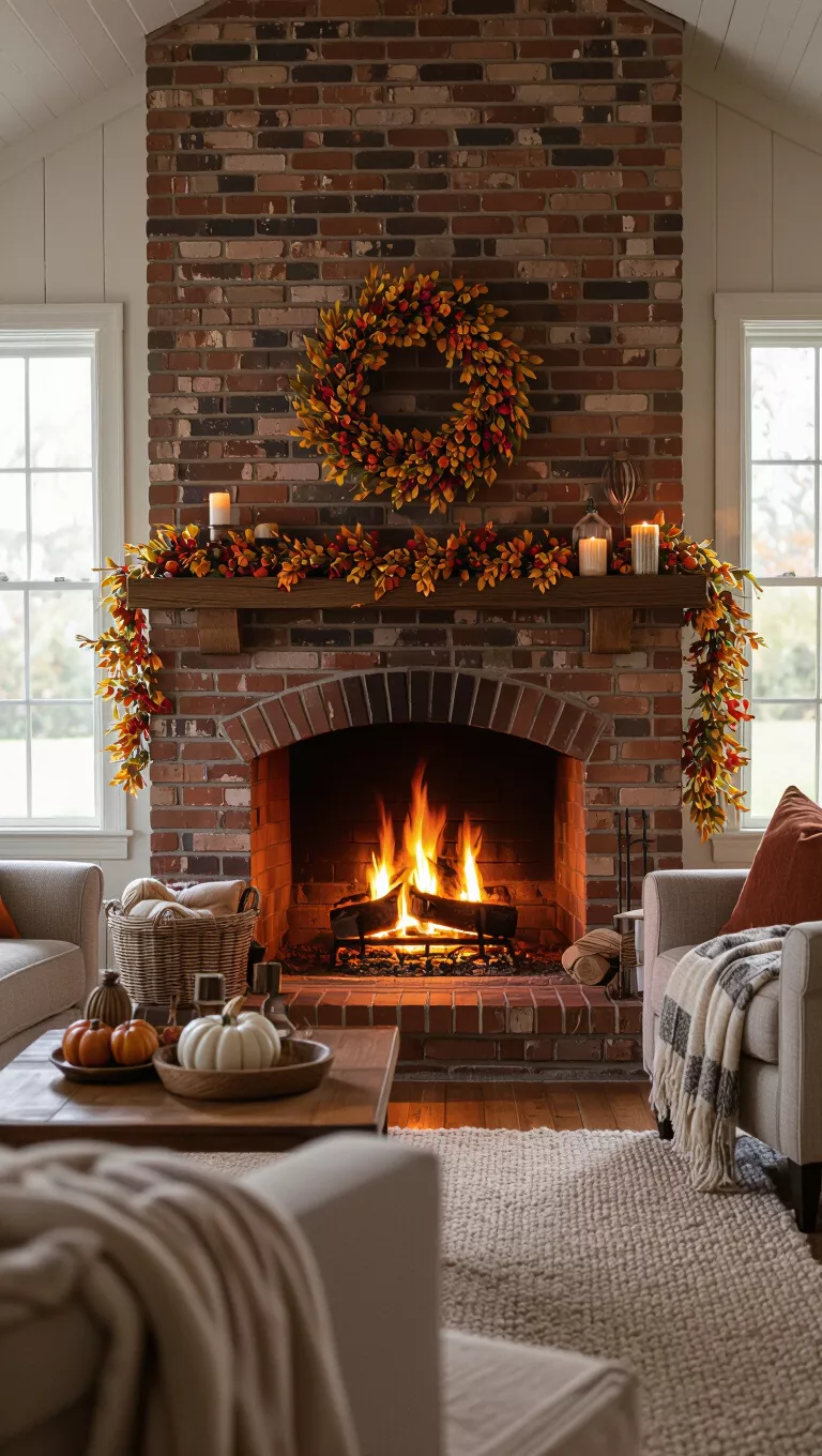 Wood Burning or Electric Fireplace A photo of a living room with a roaring fire in a cozy brick fireplace, surrounded by comfortable seating and warm fall decor.