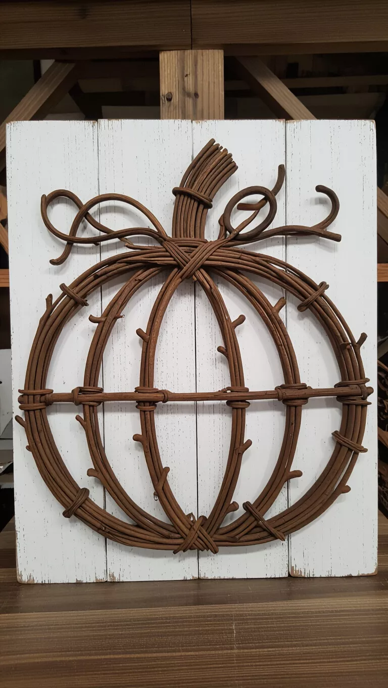 A photo of a rustic art piece featuring a pumpkin shape made from natural twigs and branches on a white wooden panel.