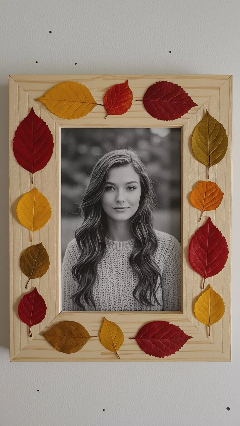 A photo of a light-colored wooden picture frame adorned with various pressed and dried fall leaves in red, yellow, and brown tones, framing a black and white photo.