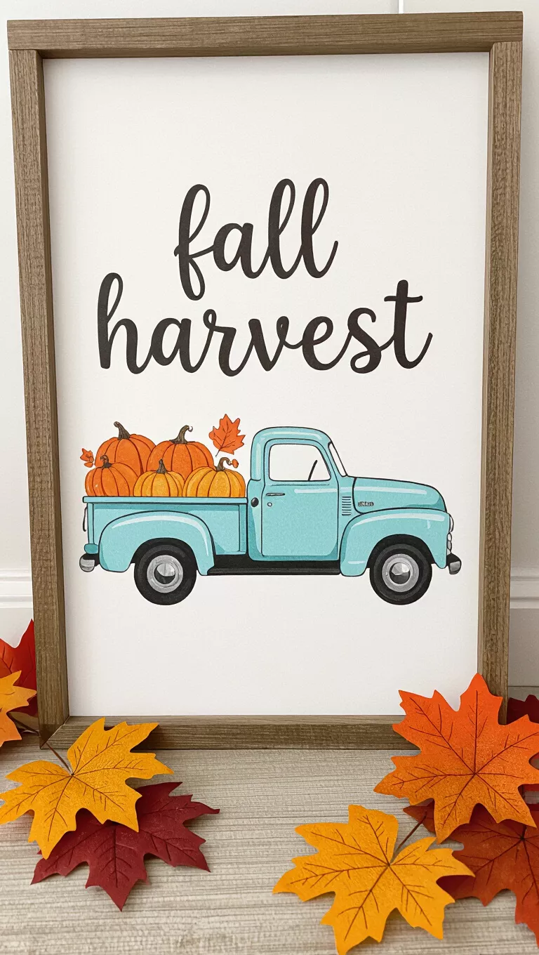 A photo of a decorative framed sign features a light blue truck carrying pumpkins and leaves, with 'fall harvest' written on it. Faux autumn leaves are scattered around.