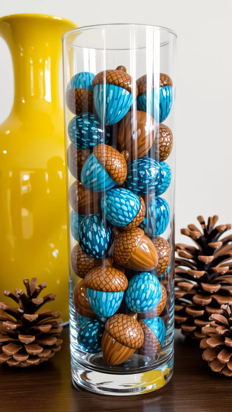 A photo of a tall glass vase is filled with decorative blue and brown painted acorns, next to a larger yellow vase and pinecones.