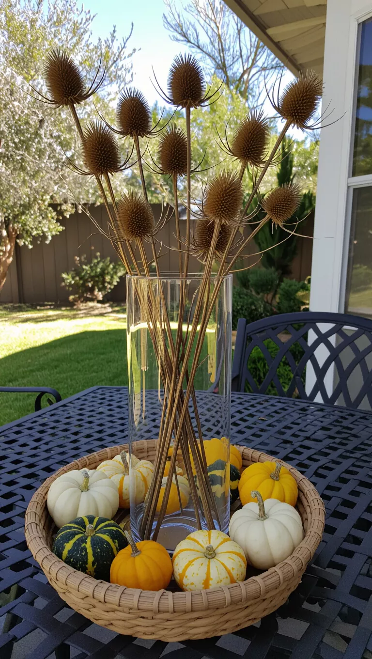 Thistle and Gourds: A Rustic Pairing A photo of a tall glass vase with dried thistle sitting in a woven basket, surrounded by small white and yellow gourds on an outdoor table.