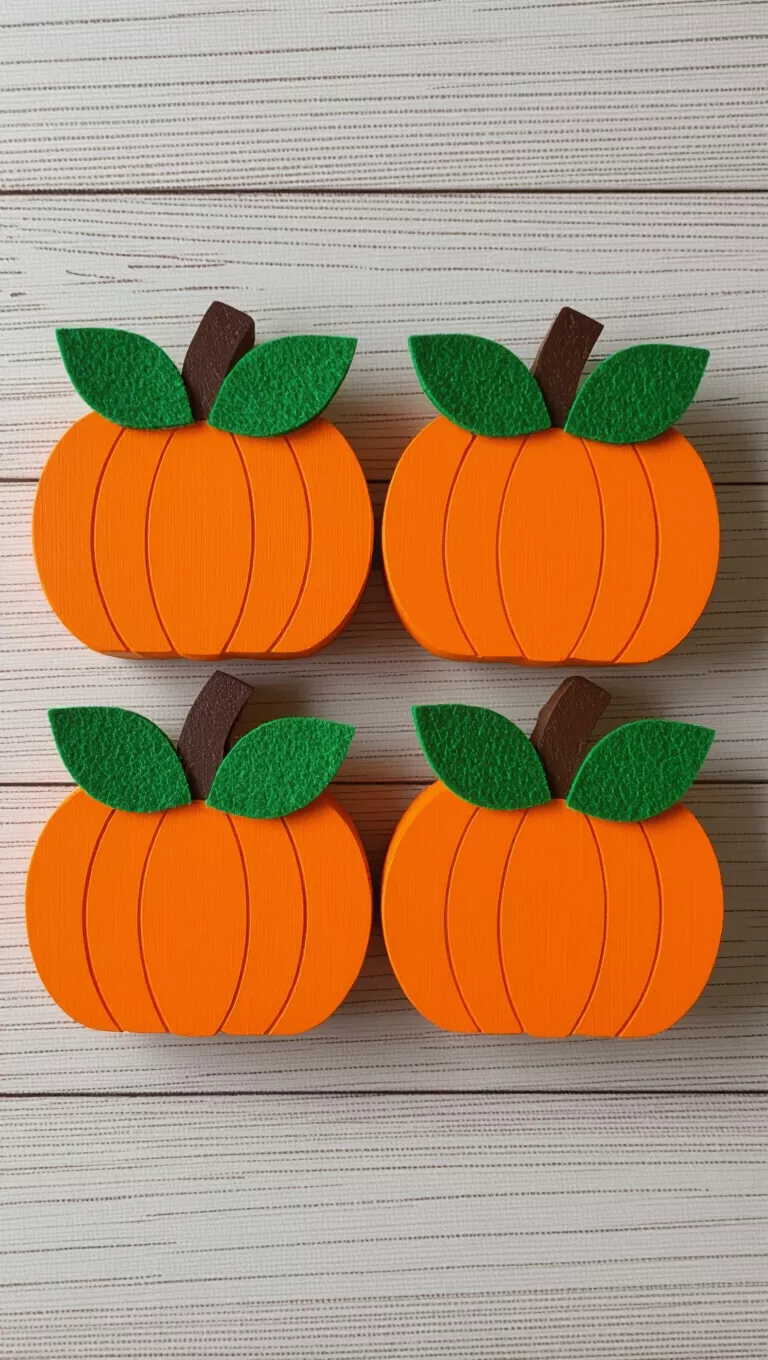 A photo of three rustic orange wooden blocks, designed to resemble pumpkins, are arranged with green felt leaves and dark stick stems.