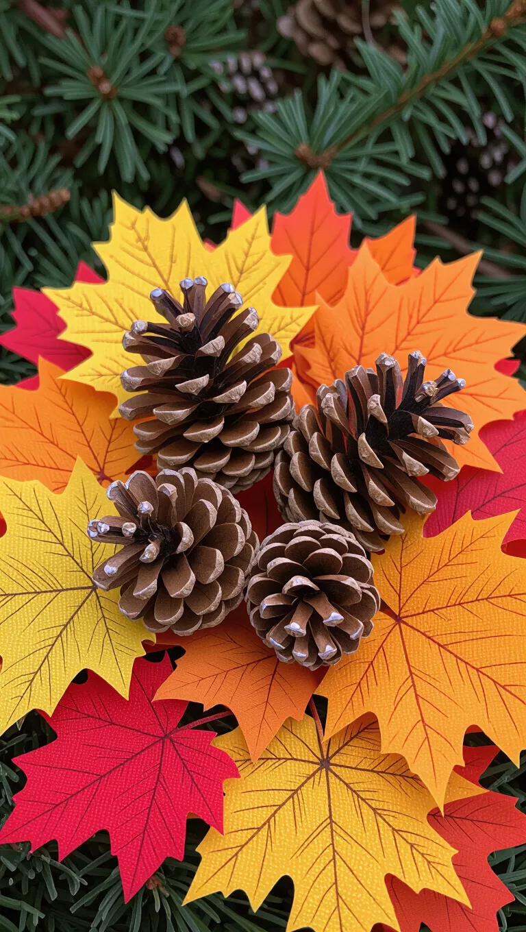 A photo of pinecones nestled on a bed of vibrant artificial autumn leaves, showcasing a simple arrangement for fall decor.