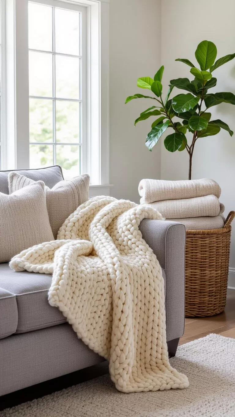 Cozy Chunky Knit Throws A photo of a living room with a cream chunky knit throw draped over a gray sectional sofa, alongside a tall wicker basket filled with more throws.