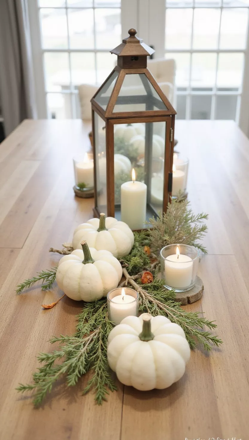 A photo of a long wooden table with a farmhouse-style centerpiece of decorative pumpkins, candles, and a large wooden lantern.