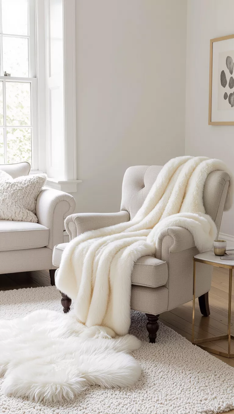 Faux Fur Accents A photo of a living room with a luxurious cream faux fur throw draped over an armchair and a soft faux fur rug layered near the sofa.