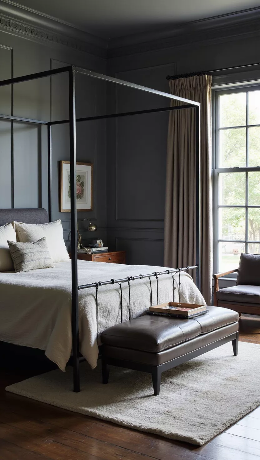 Dramatic Grey and Wood A photo of a bedroom, a sophisticated bedroom with a four-poster metal bed, rich grey walls, dark wooden flooring, and a chaise lounge chair by a large window.