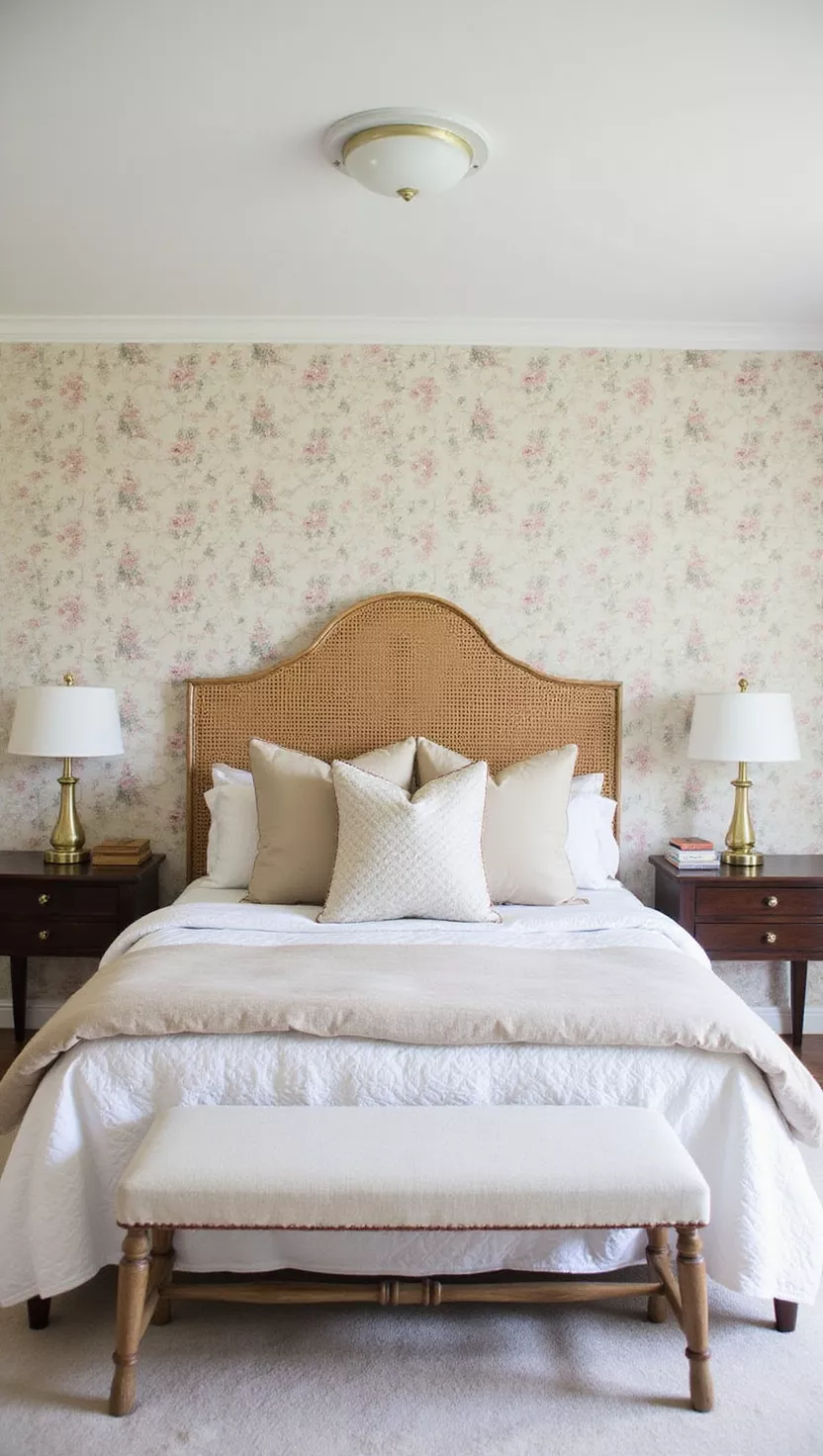 Rattan Headboard Charm A photo of a bedroom, a tranquil bedroom with a bed with a rattan headboard, neutral quilted bedding, two brass lamps on dark wooden nightstands, and floral wallpaper.