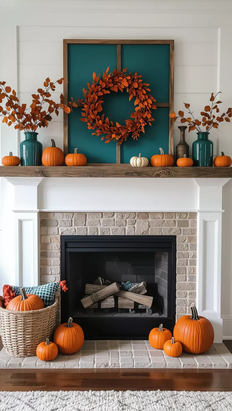 Choose Unexpected Shades A photo of a fireplace mantle featuring deep teal and burnt orange decorations, with scattered small pumpkins and rustic wooden elements.