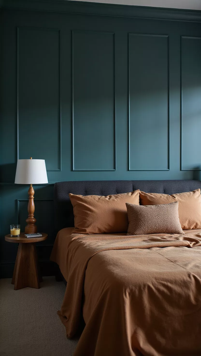 Deep Teal Dream A photo of a bedroom, a moody bedroom with deep teal walls, a bed with warm-toned bedding and pillows, and two wooden base lamps.