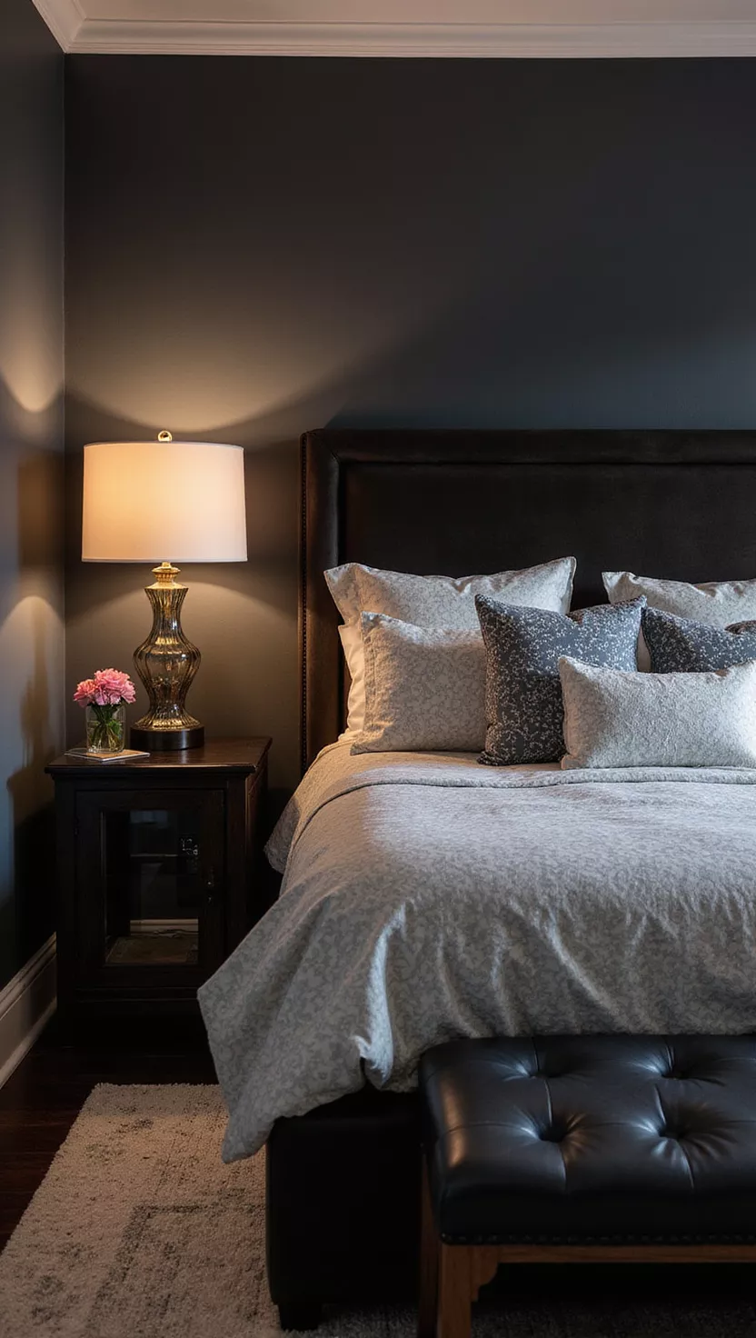 Sleek and Luxurious Mood A photo of a bedroom, a luxurious bedroom with a large bed, patterned bedding, two elegant bedside lamps, a dark color scheme, and a black bench.