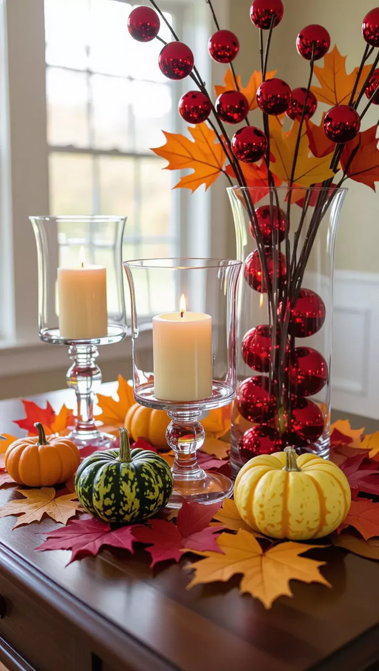 A photo of an entry table with clear glass hurricane candle holders, scattered autumn leaves, small gourds, and a tall clear vase with red orb accents.