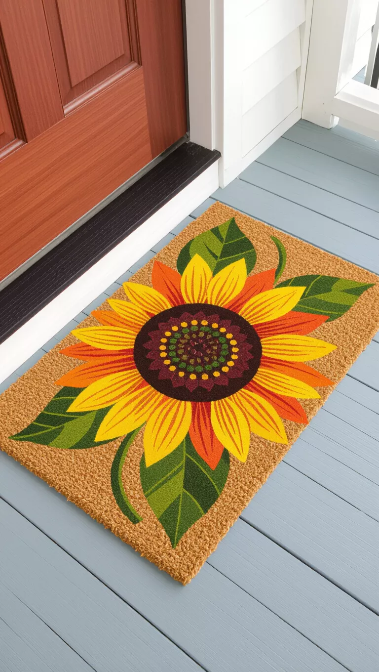 A photo of a front porch with a coir doormat displaying a large, colorful sunflower design in shades of orange, yellow, and green, resting on light blue floorboards.