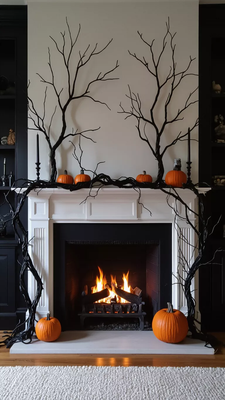 Spooky Branches A photo of a fireplace mantle decorated with dark, twisted spooky branches, creating an eerie silhouette for a Halloween theme.
