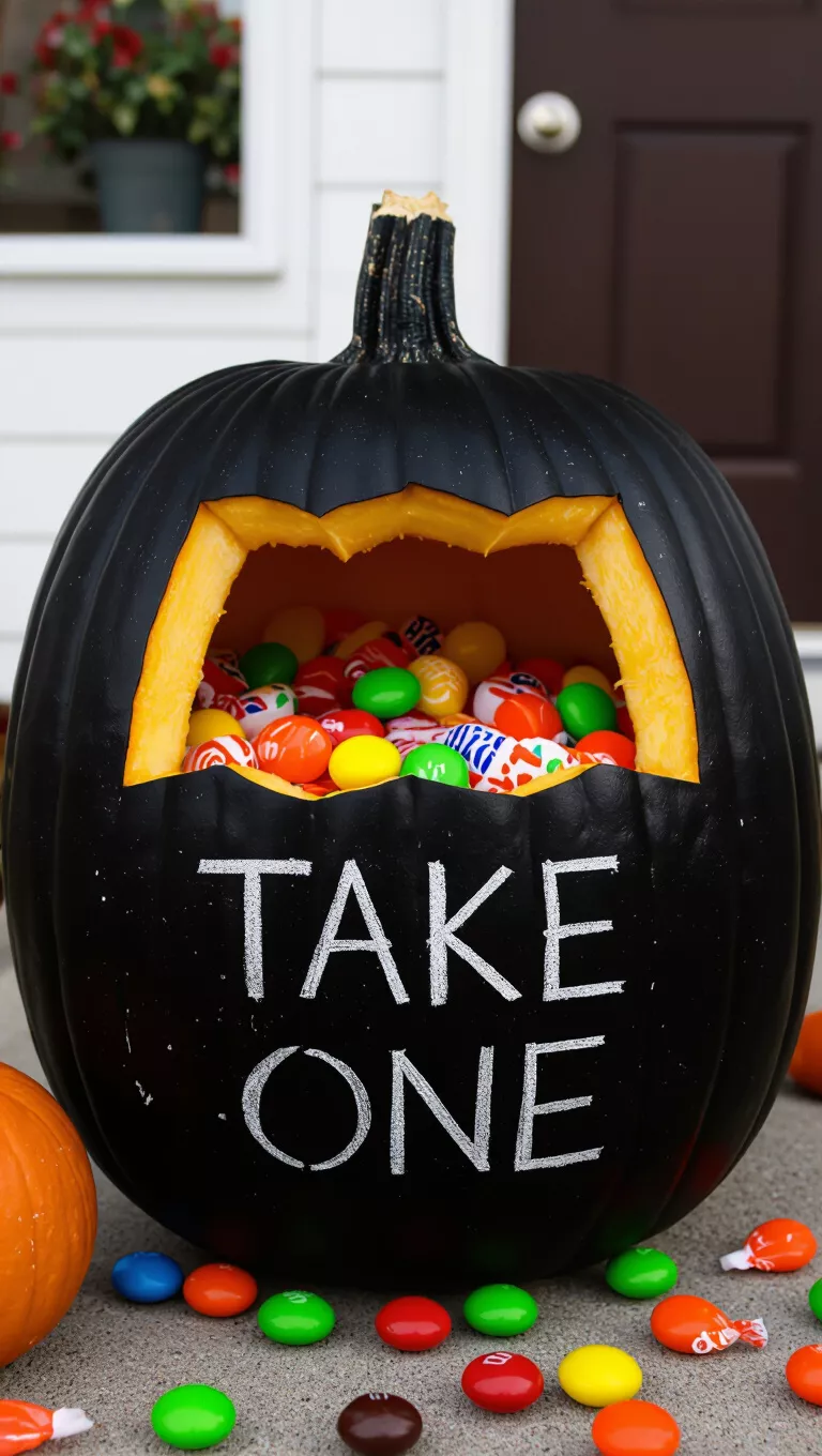 The Ultimate Candy Dispenser Pumpkin A photo of a large black pumpkin with a cutout opening filled with candy and 'TAKE ONE' written in chalk.