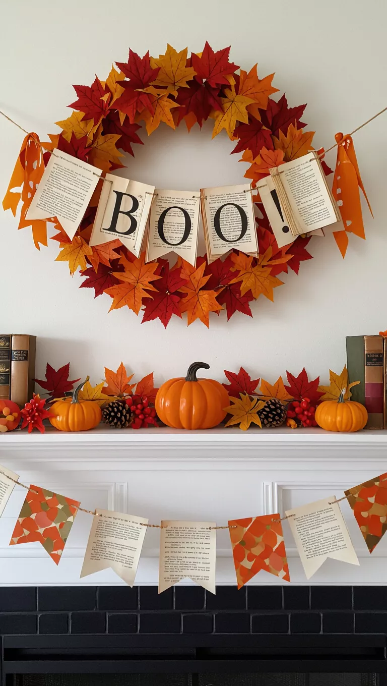 BOO! Banner Brilliance A photo of a 'BOO' banner made from fabric strips and framed book pages, displayed above a mantel with autumnal decor.