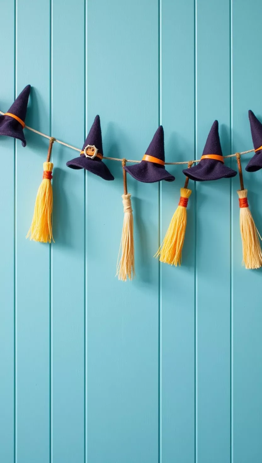 Witchy Hat and Broom Garland A photo of a string of mini witch hats and brooms hung on a blue paneled wall, forming a festive Halloween garland.