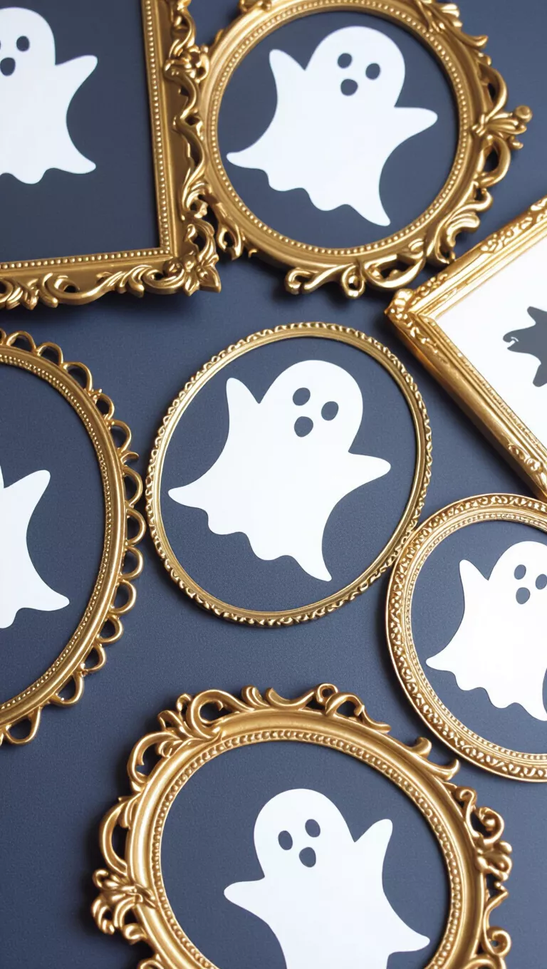 Ghostly Framed Silhouettes A photo of a collection of gold and oval frames arranged on a dark blue surface, each featuring a simple white ghost silhouette.