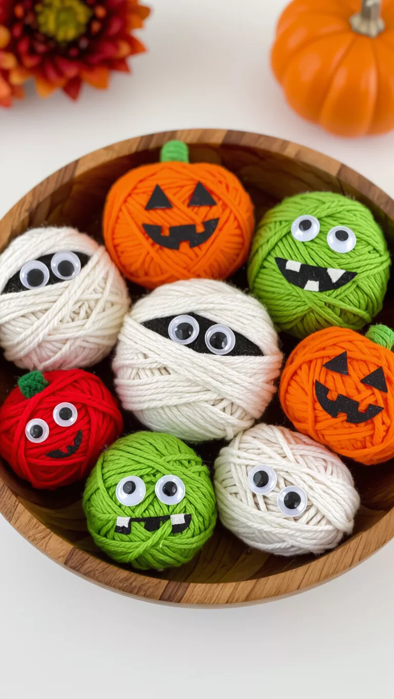 Yarn-Wrapped Critter Rocks A photo of a wooden bowl filled with yarn-wrapped rocks decorated as mummies, pumpkins, and monsters with googly eyes.
