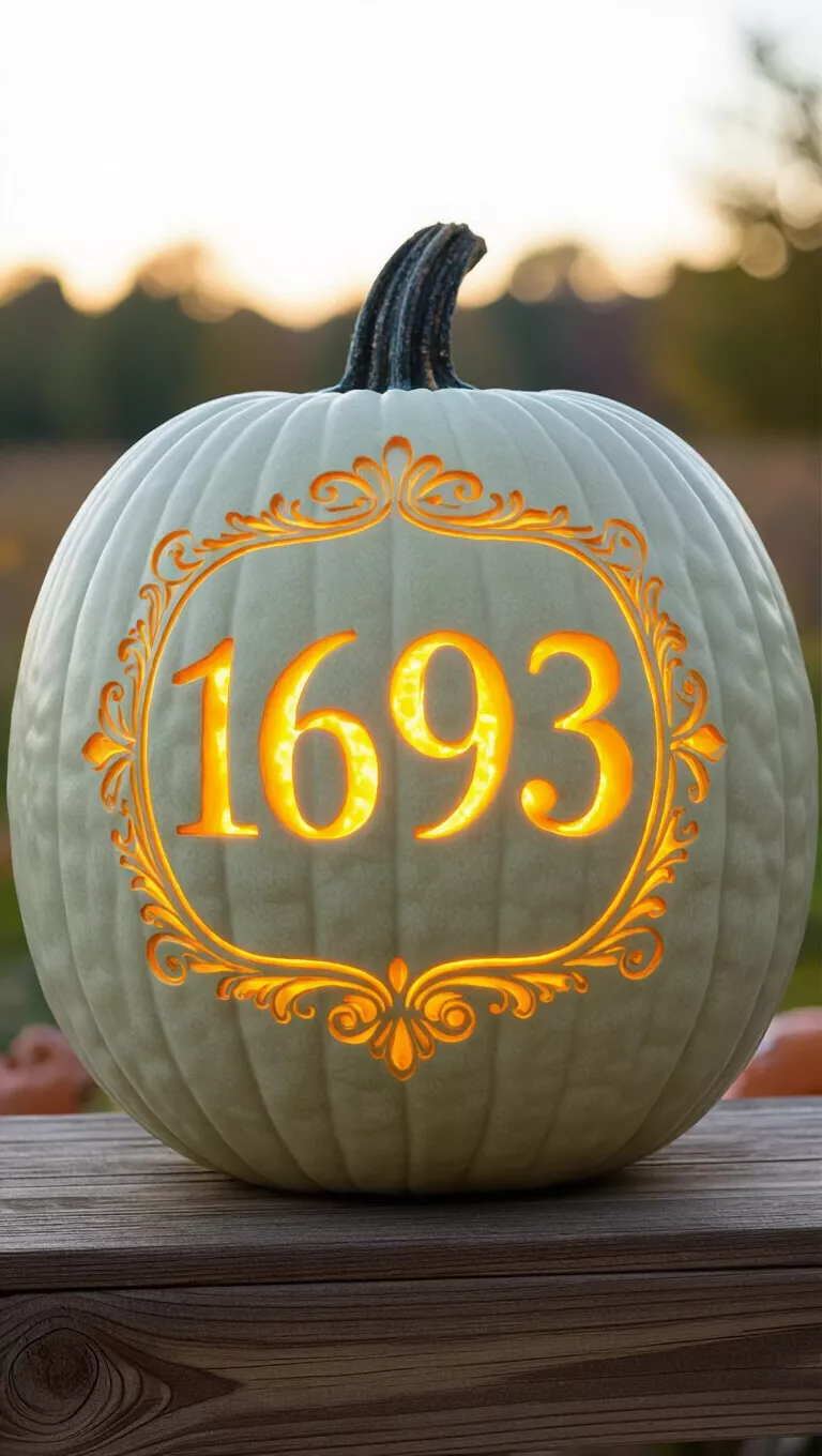 Elegant 1693 Pumpkin Carving A photo of a large, light green pumpkin carved with '1693' in an elegant, stylized frame, glowing from an internal light.